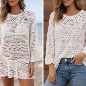 White‎ Crochet Knit Sweater Tunic Top Womens Size Medium Long Sleeve Open Weave